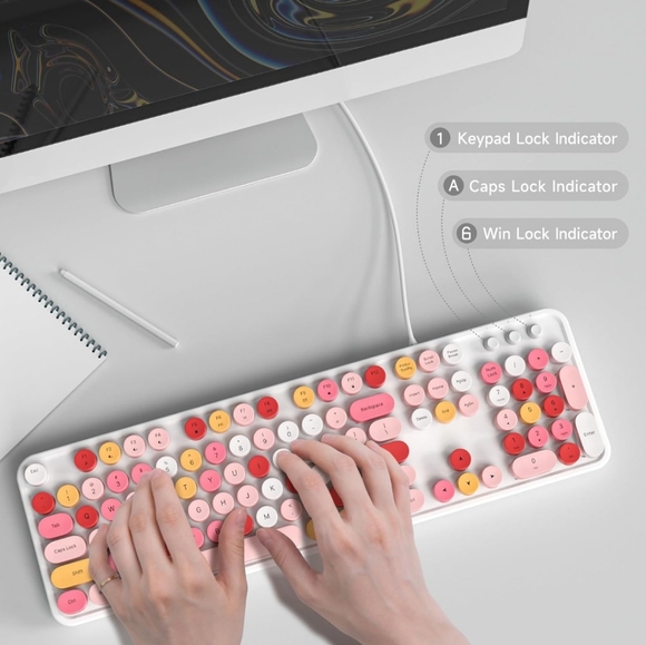 Computer Keyboard Wired, Plug and Play USB Retro Round Typewriter Keyboard, Full - Picture 3 of 7